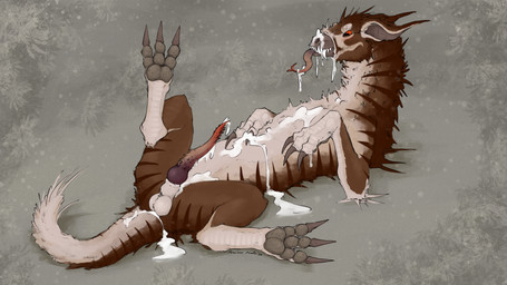 animal_genitalia balls bodily_fluids brown_body brown_claws brown_fur brown_pawpads claws cum cum_drip cum_in_ass cum_in_mouth cum_inside cum_on_chest cum_on_face cum_on_penis cum_on_tongue dripping eyelashes feral forked_tongue fur genital_fluids genitals knot knotted_penis leaking_cum lying male multicolored_penis on_back pawpads penile_spines penis pointy_ears presenting presenting_balls presenting_penis prick_ears purple_penis quadruped red_eyes red_penis sheath simple_background solo spiked_penis spikes spikes_(anatomy) stripes tail tan_background tan_body tan_fur tapering_penis tongue ferocious_ferals mythology deer dragon furred_dragon furred_scalie mammal mythological_creature mythological_scalie scalie wingless_dragon 16:9 2026 absurd_res hi_res signature widescreen