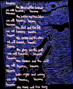 ambiguous_gender black_body black_fur blue_sky cloud feral fur open_mouth sky solo surrealism text guncht canid canine canis mammal wolf bust_portrait english_text portrait