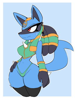 anthro anthrofied big_breasts black_fingers black_hands blue_body blue_ears blue_fur blue_tail blush breasts clothed clothing female fur gloves_(marking) green_clothing green_topwear green_underwear headgear headwear holowear_(pokemon) jewelry markings midriff pokeball_symbol pokemorph red_eyes solo spikes spikes_(anatomy) tail thick_thighs topwear underwear white_sclera wide_hips nelljoestar nintendo pokemon pokemon_unite ruins_style_lucario generation_4_pokemon lucario pokemon_(species) 2024 hi_res