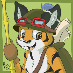 anthro backpack cheek_tuft chest_tuft clothing eyewear facial_tuft fangs fur glistening glistening_eyes goggles green_background green_clothing green_hat green_headwear hat headgear headwear holding_bamboo looking_at_viewer male male_anthro open_mouth open_smile simple_background smile solo striped_arms striped_body striped_fur stripes teeth tuft yellow_eyes pandapaco felid mammal pantherine tiger 1:1 bust_portrait portrait
