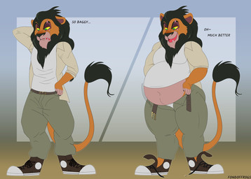 anthro belly big_belly black_hair bottomwear clothing eye_scar facial_scar footwear fur green_eyes hair male moobs orange_body orange_fur overweight overweight_male pants scar shirt shoes solo topwear weight_gain yellow_sclera fondoffrogs disney the_lion_king scar_(the_lion_king) felid lion mammal pantherine hi_res