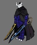 anthro armor blue_sword cloth dual_swords dual_wielding holding_object holding_weapon horn male solo weapon yellow_sword goonie-san hollow_knight team_cherry arthropod insect featureless_(disambiguation) hi_res