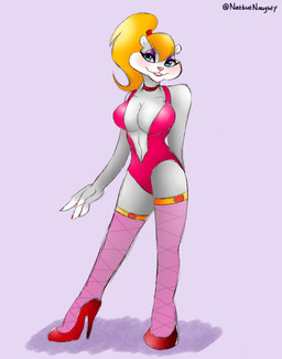 anthro breasts cleavage clothed clothing female footwear high_heels legwear leotard pink_clothing shoes solo stockings missnatzooie conker's_bad_fur_day rareware berri chipmunk ground_squirrel mammal rodent sciurid hi_res