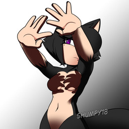 anthro arms_out black_body black_fur breasts covered_eyes covering covering_self female fur pose purple_eyes shadow simple_background small_breasts solo shumpy sega shadow_hands_challenge sonic_the_hedgehog_(series) domestic_cat felid feline felis mammal 2026 hi_res meme shaded
