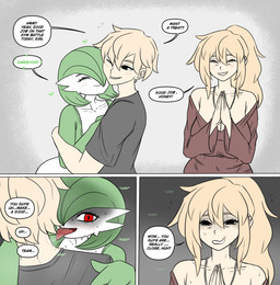big_breasts biped blonde_hair bodily_fluids breasts cleavage clothed clothing dialogue eyelashes female green_hair group hair male male/female not_furry pupils red_eyes shirt smile speech_bubble sweat text thick_thighs tongue tongue_out topwear trio white_body truelordpotato nintendo pokemon gardevoir generation_3_pokemon human humanoid mammal pokemon_(species) absurd_res comic english_text hi_res