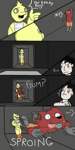 anthro dark female hook humor machine male unknown_artist five_nights_at_freddy's scottgames chica_(fnaf) foxy_(fnaf) mike_schmidt animatronic avian bird human mammal robot 1:2 grey_theme hi_res