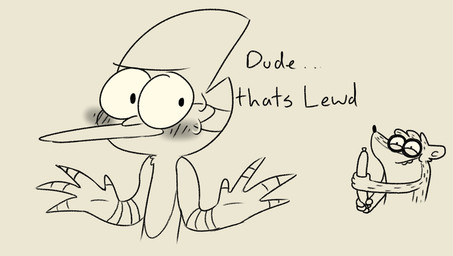 animated_gif anthro beak blush bodily_fluids dialogue duo food hot_dog male simple_background smile suggestive sweat text backsash cartoon_network regular_show mordecai_(regular_show) rigby_(regular_show) avian bird blue_jay corvid jay_(bird) mammal new_world_jay oscine passerine procyonid raccoon 2017 animated digital_media_(artwork) english_text loop short_playtime