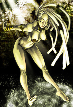 anthro bracelet breasts clothed clothing collar dreadlocks female hair jewelry magic skimpy skinny solo white_hair sunamori human mammal
