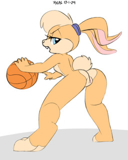 anthro barefoot basketball bent_over big_ears biped blonde_hair blue_eyes buckteeth butt exercise eyelashes feet female fur genitals hair half-closed_eyes holding_object long_ears looking_at_viewer looking_back low-angle_view multicolored_body multicolored_fur narrowed_eyes nude scrunchie short_hair short_tail simple_background solo sport standing tail tan_body tan_fur teeth toes two_tone_body two_tone_fur unimpressed vulva white_background xylas looney_tunes space_jam warner_brothers lola_bunny lagomorph leporid mammal rabbit 4:5