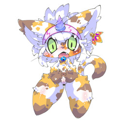 accessory anthro big_ears blush calico_pattern chibi cute_fangs ear_piercing fake_horns fangs female fluffy front_view fur genitals gloves_(marking) hair headband horn kirin_armor looking_at_viewer markings multicolored_body neck_bell nude open_mouth paws piercing shortstack solo spots spotted_body standing tail teeth thick_thighs tongue tuft vulva whiskers wide_hips mukomizu_kintora capcom monster_hunter felid felyne lynian mammal 1:1 absurd_res full-length_portrait hi_res portrait