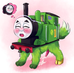 black_body black_eyebrows black_paint blush bodily_fluids boiler buffers cum cum_on_ground cursed_image dipstick_tail dome duo ejaculation erection eyebrows eyes_closed feral fluffy fluffy_tail funnel fur genital_fluids genitals glance green_body green_fur green_paint grey_body grey_face grey_skin half-closed_eyes handrail hooves humanoid_face limbs locomotive looking_aside looking_aside_at_viewer looking_at_viewer looking_pleasured machine male markings narrowed_eyes number open_mouth paint paws penis pink_thought_bubble quadruped raised_tail shadow simple_background solo solo_focus steam_locomotive tail tail_markings tapering_penis thinking thinking_about_another thought_bubble three-quarter_view train triangle_eyebrows vehicle what white_tail_tip why yellow_hooves stinkek mattel thomas_and_friends douglas_the_scottish_engine oliver_the_great_western_engine dire_machine dire_train dire_vehicle hybrid living_machine living_train living_vehicle mammal 2026 colored digital_drawing_(artwork) digital_media_(artwork) hi_res krita_(artwork) shaded