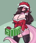 anthro balls big_breasts breasts christmas_clothing christmas_headwear cleavage clothed clothing dick_in_a_box genitals gynomorph hat headgear headwear heart_symbol holidays intersex legwear santa_hat solo tail thick_thighs thigh_highs limebreaker christmas mythology rose_(limebreaker) dragon mythological_creature mythological_scalie scalie 5:6 hi_res