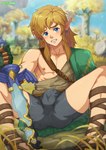 blonde_hair blue_eyes blush bulge clothing ear_piercing ear_ring grass hair holding_melee_weapon holding_object holding_sword holding_weapon humanoid_pointy_ears light_body light_skin long_hair looking_at_viewer male master_sword melee_weapon nipples not_furry piercing plant ring_piercing sitting solo sword tree weapon suiton00 nintendo tears_of_the_kingdom the_legend_of_zelda link elf humanoid hylian 2023 absurd_res hi_res signature