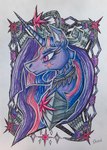 crown cutie_mark decoration female feral headgear horn jewelry knight purple_body regalia solo unicorn_horn warrior deidad_dissitum friendship_is_magic hasbro my_little_pony mythology queen_twilight_(mlp) twilight_sparkle_(mlp) equid equine horse mammal mythological_creature mythological_equine pony unicorn bust_portrait hi_res portrait traditional_media_(artwork)