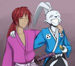 anthro asian_clothing blue_clothing clothing duo ears_tied_back east_asian_clothing eyes_closed fur hair japanese_clothing katana male male/male melee_weapon pink_clothing ponytail red_hair robe scar smile sword weapon white_body white_fur puuccee rurouni_kenshin usagi_yojimbo kenshin_himura miyamoto_usagi human lagomorph leporid mammal rabbit absurd_res hi_res