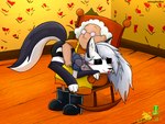 anthro chair clothed clothing duo eyes_closed eyewear female furniture glasses hair tongue white_hair thegiftedfire cartoon_network courage_the_cowardly_dog helluva_boss mythology loona_(helluva_boss) muriel_bagge canid canid_demon canine demon hellhound human mammal mythological_canine mythological_creature crossover hi_res