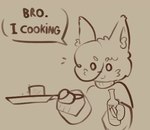anthro biped bottle closed_smile clothed clothing container cooking cookware dialogue eyebrows frying_pan fur hair holding_bottle holding_container holding_object hollow_eyes inner_ear_fluff kitchen_utensils male mouth_closed simple_background smile solo speech_bubble standing text tools topwear tuft divucup divu_(divucup) domestic_cat felid feline felis mammal animated