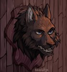 anthro award black_body black_fur black_nose blue_eyes fur male open_mouth solo taxidermy taxidermy_mount text trophy trophy_head wall_(structure) wood wood_wall kolkolukija canid canine canis mammal wolf hi_res portrait