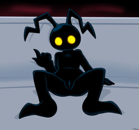 4_fingers andromorph antennae_(anatomy) anthro beckoning black_antennae black_body fingers front_view genitals gesture intersex mouthless no_pupils nude raised_hand sitting solo vulva yellow_eyes felino kingdom_hearts square_enix heartless shadow_(kingdom_hearts) 2025 absurd_res hi_res