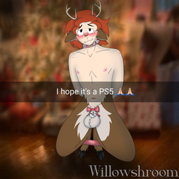 acne animal_genitalia animal_penis antlers areola arms_tied balls barely_visible_genitalia bdsm bell bell_collar big_balls blurred_background blush blushing_at_viewer bodily_fluids bondage bound bow_ribbon brown_body brown_fur caucasian cervine_genitalia cervine_penis chastity_cage chastity_device cloven_hooves collar crouching deer_ears deer_nose dewclaw dewclaw_hooves ears_back eyewear flat_chastity_cage freckled_face freckled_shoulders freckles fur genital_fluids genitals glasses hair hands_behind_back holidays hooves horn kneeling legs_tied looking_at_viewer male nerd nipples not_furry nude orange_hair penis pink_nipples pivoted_ears precum red_collar restrained slim solo tan_body tan_fur text wearing_glasses willowshroom christmas snapchat alfred_tanner_bergmann animal_humanoid deer deer_humanoid humanoid mammal mammal_humanoid satyr 1:1 absurd_res digital_drawing_(artwork) digital_media_(artwork) hi_res ibispaint_(artwork) meme