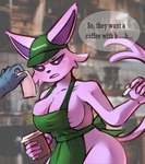 5_fingers anthro apron apron_only areola beverage big_breasts breasts clothing coffee coffee_shop female fingers fur gem hat headgear headwear marker open_mouth pink_areola pink_body pink_fur purple_eyes red_gem solo speech_bubble tail text white_eyes hambinito nintendo pokemon anon eeveelution espeon generation_2_pokemon mammal pokemon_(species) english_text hi_res