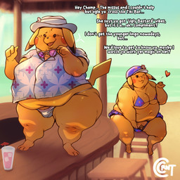 anthro barely_visible_genitalia barely_visible_penis beach beverage bikini blowing_kiss bulge chastity_cage chastity_device clothed clothing crossdressing dialogue eyewear genitals glasses gynomorph intersex male mature_male moobs obese outside overweight overweight_male penis presenting presenting_penis profanity swimwear text thong two-piece_swimsuit underwear cocoronut nintendo pokemon pokemon_winds_and_waves mr._windychu ms._wavychu generation_1_pokemon pikachu pokemon_(species) 1:1 absurd_res english_text hi_res