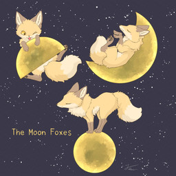 ambiguous_gender brown_body brown_fur crescent_moon dipstick_tail eyes_closed feet feral full_moon fur group leg_markings lying markings moon multicolored_body multicolored_fur multicolored_tail one_eye_closed open_mouth orange_body pawpads paws quadruped smile socks_(marking) space star tail tail_markings text toes tongue tongue_out trio yellow_body yellow_eyes yellow_fur fusau canid canine fox mammal red_fox true_fox 2026 english_text hi_res
