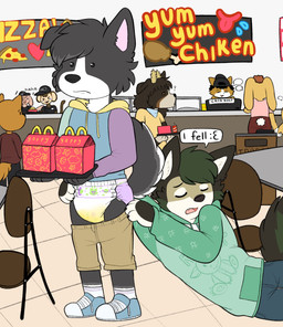 ageplay anthro assisted_exposure black_body black_fur bodily_fluids bottomwear chair clothing clothing_pull dialogue diaper dot_eyes dramatic embarrassed exposed_diaper eyes_closed falling food food_court fur furniture genital_fluids grabbing group holding_food holding_object hoodie infantilism laugh laughing_at male mall multicolored_body multicolored_fur on_ground pantsing pulling_pants_down roleplay shorts simple_eyes standing table tail topwear two_tone_body two_tone_fur unclean_diaper urine used_diaper wet_diaper white_body white_fur toddlercasper canid canine canis domestic_dog mammal hi_res