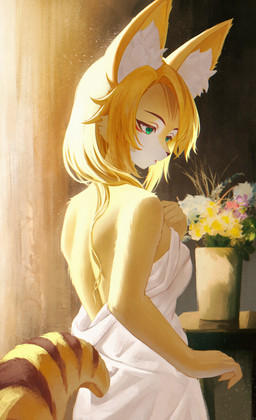 anthro blonde_hair breasts female female_anthro fur hair inner_ear_fluff markings rear_view solo striped_markings striped_tail stripes tail tail_markings towel towel_only tuft yellow_body yellow_fur yamacho mihoyo zenless_zone_zero pulchra_fellini domestic_cat felid feline felis mammal thiren absurd_res half-length_portrait hi_res portrait