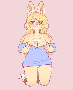 3_fingers anthro arm_tuft arms_bent bangs bent_legs blonde_eyebrows blonde_hair blue_clothing blue_shirt blue_topwear blush blush_lines bodily_fluids breasts brown_body brown_fur camel_toe cheek_tuft cleavage closed_frown clothed clothed_anthro clothed_female clothing cum cum_on_breasts cum_on_face ear_tuft eye_through_hair eyebrow_through_hair eyebrows eyelashes eyelashes_through_hair facial_tuft female female_anthro fingers footwear front_view frown fur genital_fluids green_eyes hair holding_breast inner_ear_fluff kneeling long_ears long_hair medium_breasts mouth_closed multicolored_body multicolored_fur nipple_outline pink_nose purple_line_art shirt shoulder_tuft socks solo tan_body tan_fur tan_inner_ear_fluff text topwear translucent translucent_hair tuft underwear unimpressed white_clothing white_footwear white_socks white_underwear suzeart coco_(suzeart) lagomorph leporid mammal rabbit 2024 artist_name colored colored_line_art digital_drawing_(artwork) digital_media_(artwork) english_description full-length_portrait hi_res portrait shaded