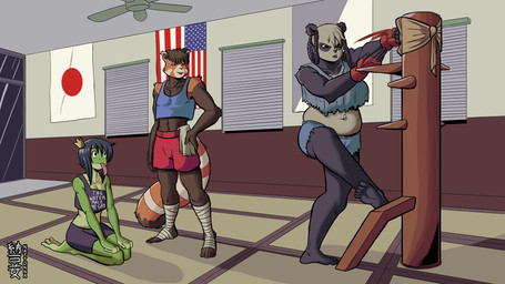 american_flag clothing crop_top dummy feet_wraps female femboy gym japanese_flag kung_fu male martial_arts piercing shirt sleeveless_shirt slightly_chubby tatami topwear united_states_of_america nattonna jayjay_(nattonna) kuera_takeshima mappo_tofuu ailurid amphibian bear frog giant_panda mammal red_panda hi_res