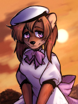 anthro bangs beret bow_ribbon bow_tie breasts clothed clothing dress female hair hat headgear headwear looking_sideways puffy_sleeves short_hair short_sleeves soft_smile solo sunset white_clothing white_dress lonerdemiurge 07th_expansion higurashi_when_they_cry when_they_cry rena_ryugu canid canine mammal absurd_res hi_res