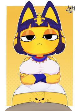 anthro big_breasts black_eyes blue_hair border breasts clothed clothing crossed_arms dress eyelashes female front_view fur genitals hair looking_at_viewer no_underwear short_hair simple_background solo thick_thighs uraeus vulva white_border white_clothing white_dress wide_hips yellow_background yellow_body yellow_fur charlysf_uwu animal_crossing nintendo pussy-cat_(meme) ankha_(animal_crossing) domestic_cat felid feline felis mammal absurd_res hi_res meme