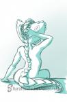 ambiguous_gender anthro biped nude pose rear_view scales simple_background sitting solo skizu nelizar canid canine canis hybrid mammal reptile scalie snake wolf digital_media_(artwork) hi_res monochrome pinup sketch