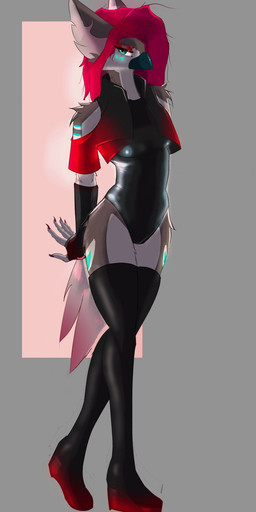 5_fingers anthro beak clothing colored_nails female fingernails fingers glowing glowing_nipples green_eyes hair half-closed_eyes hands_behind_back legwear looking_at_viewer machine nails narrowed_eyes nipples red_fingernails red_hair red_nails simple_background solo standing lynxie android avian robot hi_res