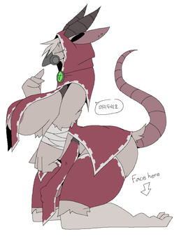 adeptus_mechanicus anthro areola areola_slip belly big_belly big_breasts biped bottomwear breasts clothing erection gas_mask genitals gynomorph hairless hood horn huge_breasts intersex kneeling loincloth mask penis robe rodent_tail scar side_view slightly_chubby small_waist solo tail thick_thighs wide_hips sepiruth warhammer_(franchise) mammal murid murine rat rodent skaven