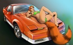 abstract_background anthro bikini biped breasts car car_hood_pose clothed clothing female fluffy fluffy_tail fur green_background green_eyes hair looking_at_viewer lying on_back on_hood orange_body orange_fur orange_hair pose raised_leg simple_background skimpy solo swimwear tail two-piece_swimsuit undressing vehicle iggi pontiac pontiac_firebird domestic_cat felid feline felis mammal 16:10 2010 wallpaper widescreen