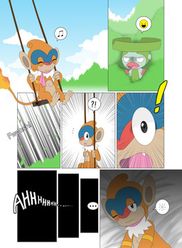 ambiguous_gender anthro black_eyes cloud exclamation_point eyes_closed female fire flaming_tail half-closed_eyes hiding male narrowed_eyes one_eye_closed open_mouth outside plant rape_face scarf shocked shrub sky startled swing tail teeth winick-lim nintendo pokemon generation_3_pokemon generation_4_pokemon haplorhine lombre mammal monferno monkey pokemon_(species) primate 2015 comic hi_res