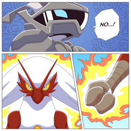 ambiguous_gender angry anthro dialogue duo fire fur red_body tail text ragster_(artist) nintendo pokemon avian bird blaziken generation_1_pokemon generation_3_pokemon legendary_pokemon mammal mewtwo pokemon_(species) 1:1 comic digital_media_(artwork) english_text hi_res