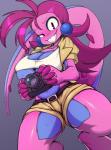 anthro belt big_breasts blush bodily_fluids breasts cleavage clothed clothing digitigrade female hair huge_breasts navel non-mammal_breasts pink_body pink_hair pink_skin simple_background smile solo sweat thick_thighs under_boob slugbox scalie_schoolie parker_(scalie_schoolie) agamid agaminae lizard reptile scalie spider-man_agama absurd_res hi_res