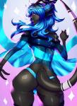 anthro big_butt biped black_body black_skin blue_eyes blue_hair butt clothed clothing female hair horn lips long_hair looking_back nails panties shirt solo standing tail thong topwear underwear wide_hips xdtopsu01 mythology dragon mythological_creature mythological_scalie scalie 2015 absurd_res hi_res