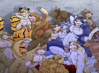 anthro balls blue_body brown_body erection genitals group group_sex kemono male male/male musclegut muscular muscular_male orgy overweight overweight_male penis sex white_body yellow_body seturou1010 third-party_edit bear bovid bovine canid canine canis cattle domestic_dog felid mammal pantherine tiger wolf 2015 censor_removal_edit low_res