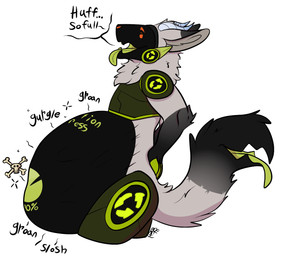 anthro anthro_pred belly bodily_noises dialogue digestion digestion_noises fatal_vore horn machine male male_pred onomatopoeia open_mouth progress_display rumbling_stomach simple_background skull_and_crossbones solo sound_effects tail tail_mouth text tongue tongue_out unusual_anatomy unusual_tail visor vore brightopticeyes cycle_(winter) protogen english_text hi_res