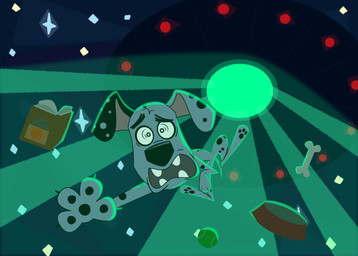 black_ears black_nose black_spots bone book bowl container feral floating floppy_ears fur green_light heterochromatic_ears male pet_bowl pink_inner_ear scared solo spots toony ufo white_body white_fur white_spots omniferret 101_dalmatian_street 101_dalmatians disney dylan_(101_dalmatians) canid canine canis dalmatian domestic_dog mammal absurd_res hi_res