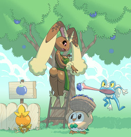ambiguous_gender anthro apron butt clothing female fence food fruit group ladder plant sign tree thepicklemaxxer nintendo pokemon froakie generation_3_pokemon generation_4_pokemon generation_6_pokemon generation_7_pokemon lopunny pokemon_(species) rowlet torchic 2024 absurd_res hi_res