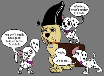 alternate_species black_clothing black_hat black_headwear black_nose black_spots circle_collar_tag clothing collar collar_tag diamond_collar_tag eyelashes female feral floppy_ears fur furrification group hat headgear headwear heart_collar_tag male markings mole_(marking) orange_collar pink_collar pink_inner_ear speech_bubble spots spotted_body spotted_fur tan_body tan_fur text toony trio white_body white_fur fenris64 101_dalmatian_street 101_dalmatians cartoon_network disney ed_edd_n_eddy dallas_(101_dalmatians) deja_vu_(101_dalmatians) destiny_(101_dalmatians) edd_(eene) triple_d_(101_dalmatians) bird_dog canid canine canis dalmatian domestic_dog golden_retriever hunting_dog mammal retriever crossover english_text