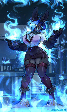 5_fingers anthro big_breasts black_sclera blue_hair bookshelf bottomwear bra breasts brown_body brown_fur buckteeth button_(fastener) chair chest_tuft claws clothing eyewear female fingers footwear front_view fur furniture glasses glowing glowing_eyes hair hair_bun high_heels legwear looking_at_viewer magic open_mouth pawpads rectangular_glasses shirt shoes simple_background skirt smile solo standing stockings table teeth topwear torn_clothing torn_legwear torn_stockings transformation tuft underwear white_clothing white_shirt white_topwear kdhynamo mythology lazuli_delarosa canid canid_demon canine demon hellhound lagomorph leporid mammal mythological_canine mythological_creature rabbit 2025 3:5 absurd_res digital_media_(artwork) hi_res