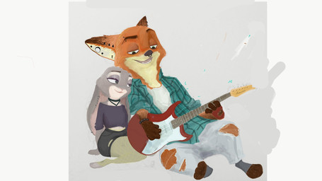 anthro bottomwear clothed clothing duo ear_piercing electric_guitar female fully_clothed fur grey_body grey_fur guitar holding_guitar holding_musical_instrument holding_object musical_instrument orange_body orange_fur pants piercing playing_guitar playing_music plucked_string_instrument simple_background sitting smile string_instrument torn_bottomwear torn_clothing torn_pants florenze disney fender_musical_instruments_corporation stratocaster zootopia judy_hopps nick_wilde canid canine fox lagomorph leporid mammal rabbit red_fox true_fox 16:9 hi_res widescreen