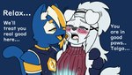 4_fingers accessory ahegao anthro arm_tuft band-aid bandage bandage_on_face bandage_on_nose black_nose blonde_eyebrows blonde_highlights blue_body blue_eyes blue_fur blush bodily_fluids cheek_tuft claws clothed clothing drooling duo erect_nipples eye_markings eyebrows eyelashes facial_tuft femboy fingers fur glistening glistening_eyes hair headband heart_eyes heart_symbol highlights_(coloring) inner_ear_fluff looking_pleasured male male/male markings mascot nipple_outline nipples open_mouth pink_tongue saliva shoulder_tuft sweater tail teeth teeth_showing text tongue topwear tuft white_body white_fur white_hair white_inner_ear yellow_eyes yellow_nose yellow_tongue chizi e621 vtuber hexerade taigaxholic canid canine canis domestic_cat domestic_dog felid feline felis mammal 16:9 digital_media_(artwork) english_text hi_res widescreen