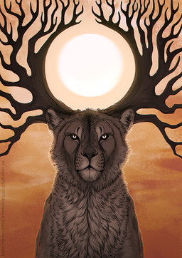 black_nose day detailed_background feral fur grey_body grey_fur horn outside pale_eyes sitting sky solo sun anisis felid hybrid mammal 2016 digital_media_(artwork) hi_res